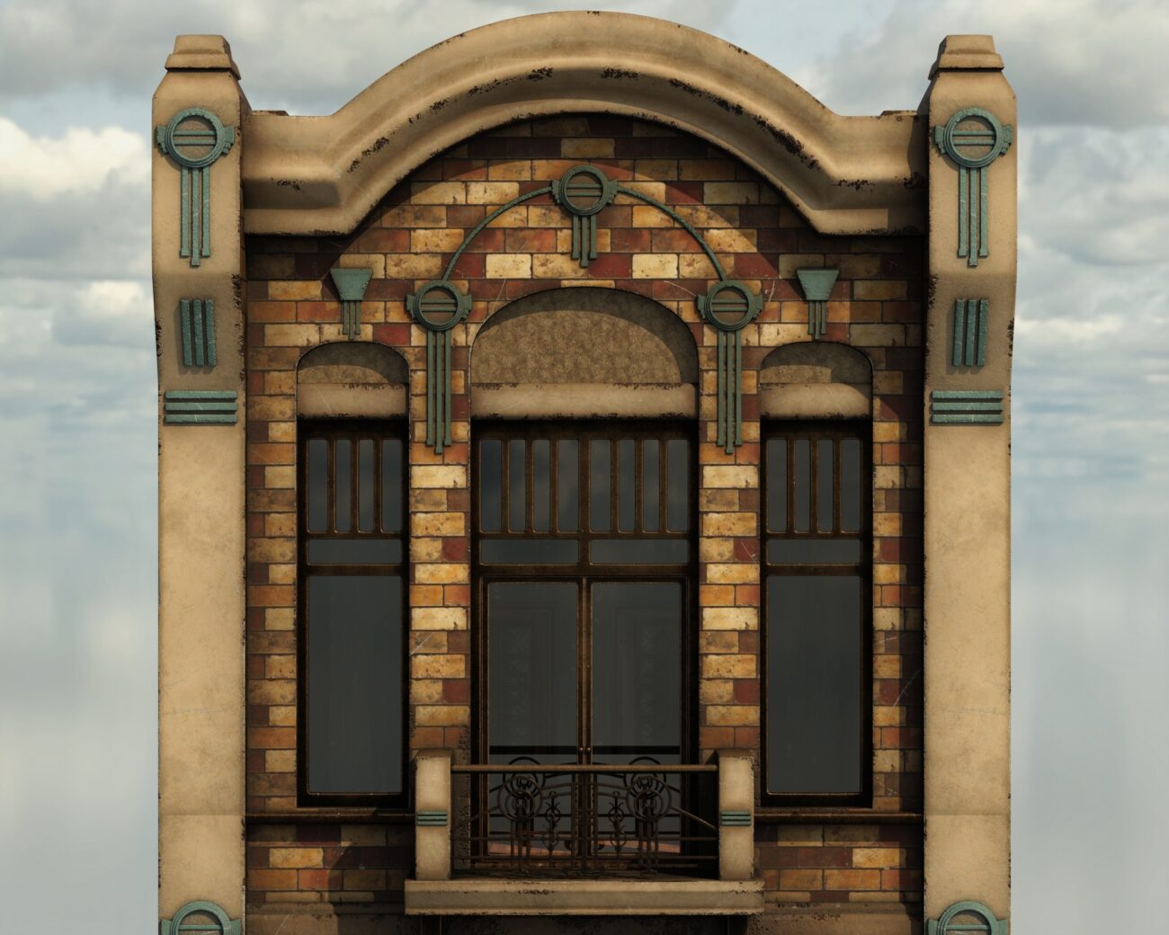 Historic art deco building façade with arched windows, wrought iron balcony, and decorative turquoise accents.