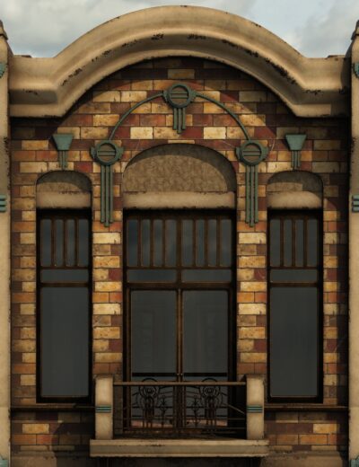 Historic art deco building façade with arched windows, wrought iron balcony, and decorative turquoise accents.