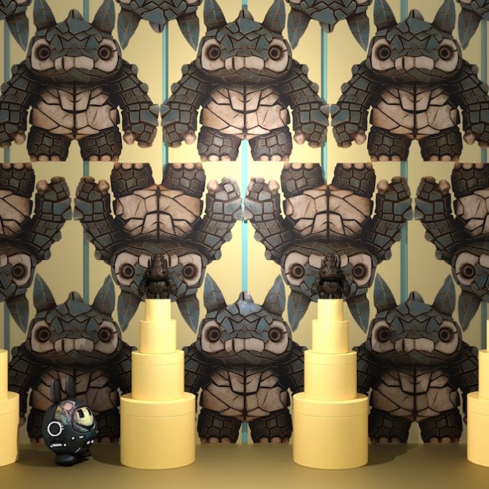 Turtle pattern wallpaper with yellow display pedestals and black toy figure