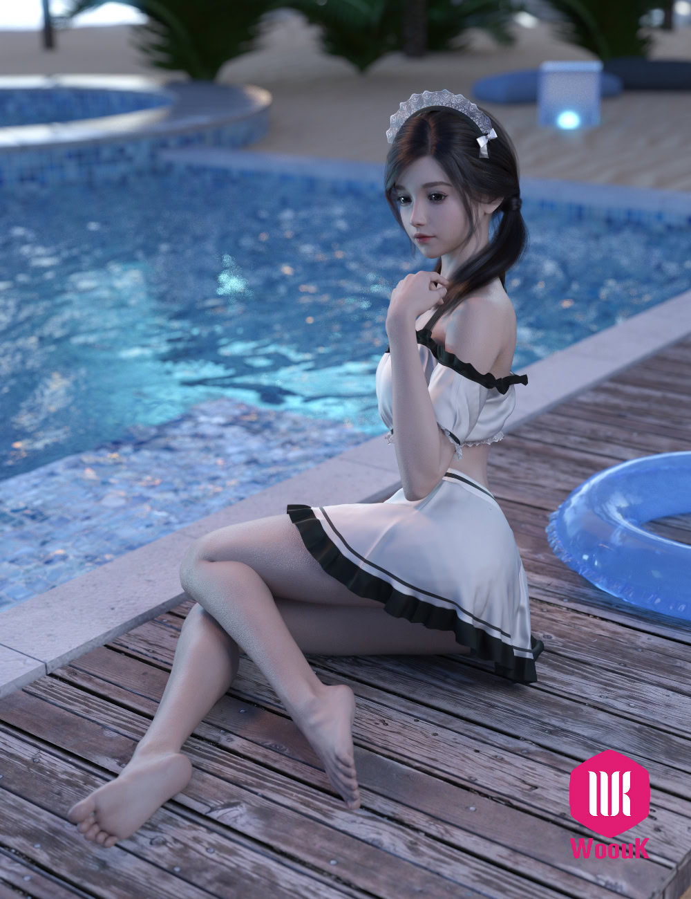 dForce WUK Maid Swimsuit for Genesis 8 & 8.1 Female 11 Elegant woman in maid-inspired outfit relaxing by a shimmering poolside at sunset.