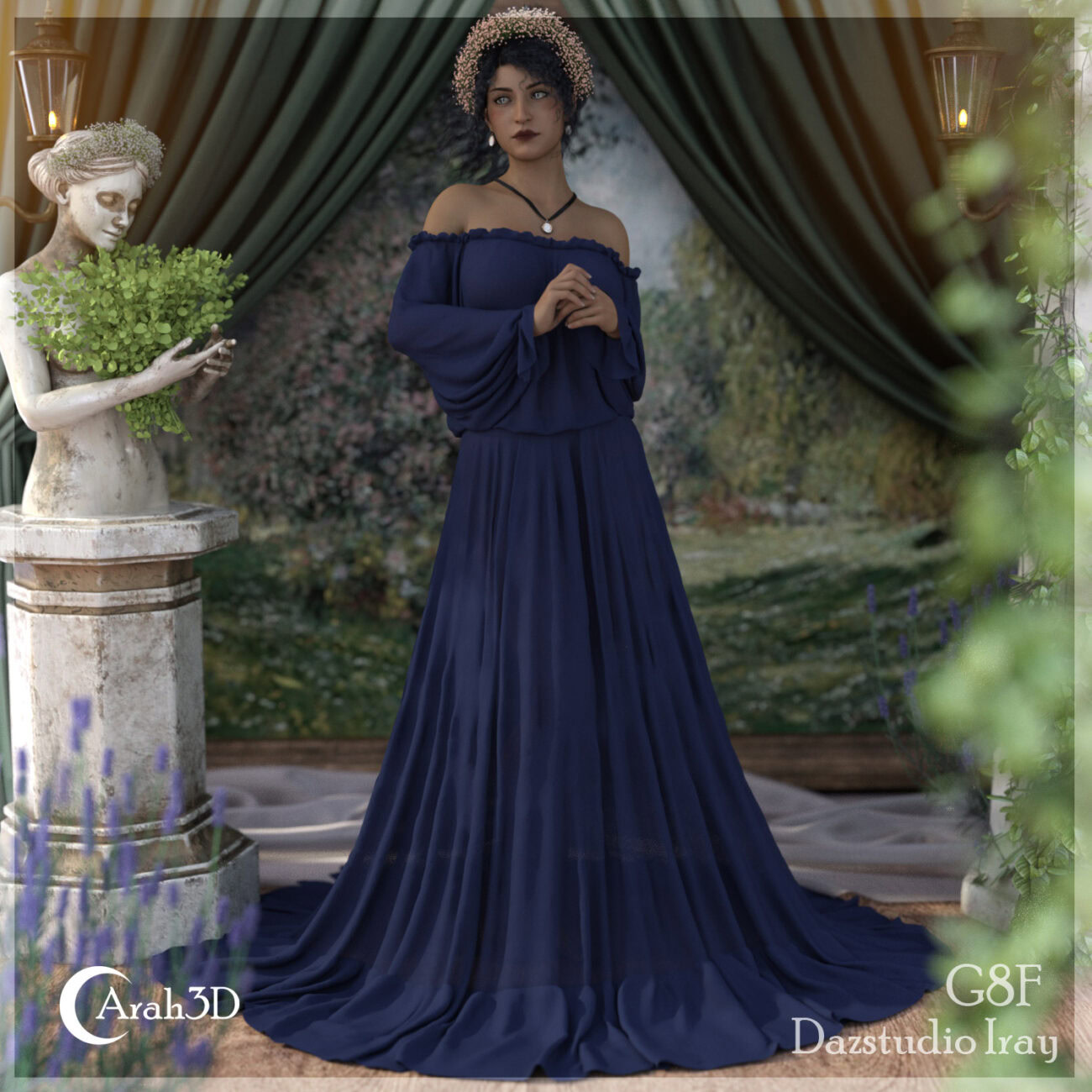 Elegant woman in navy gown with flower crown in lush, classical garden setting.