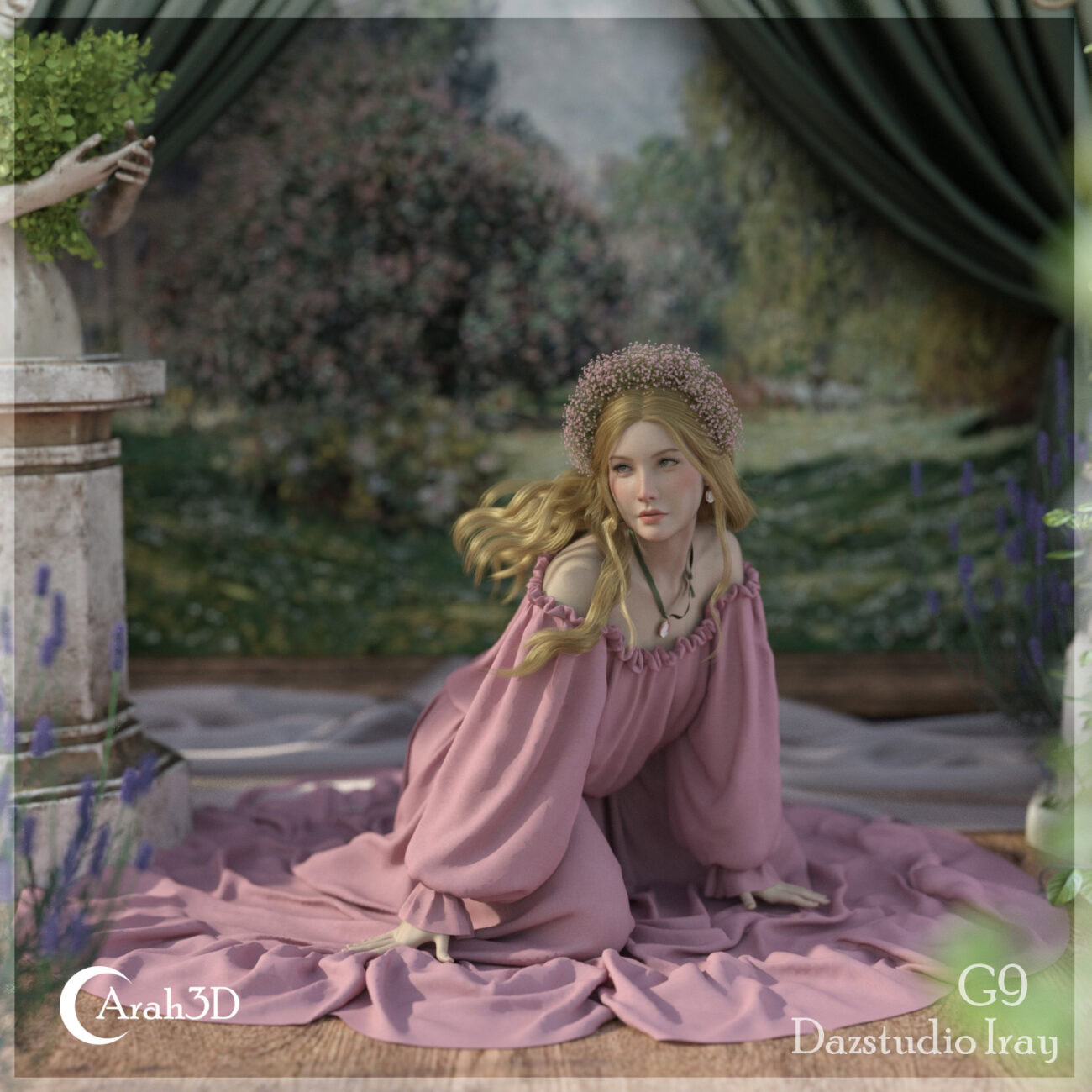 Elegant 3D portrait of a woman in a romantic garden wearing a flowing rosy dress and floral crown.
