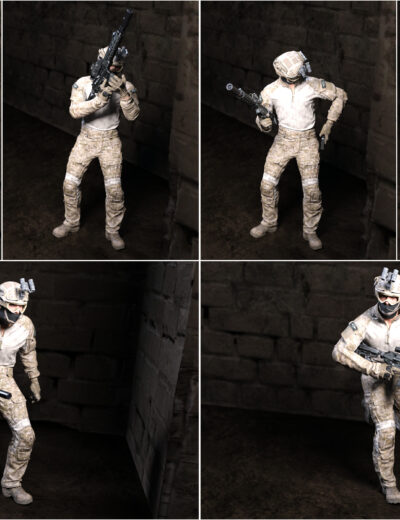 3D desert camouflage soldier in tactical poses within dim corridor for military simulation scenes