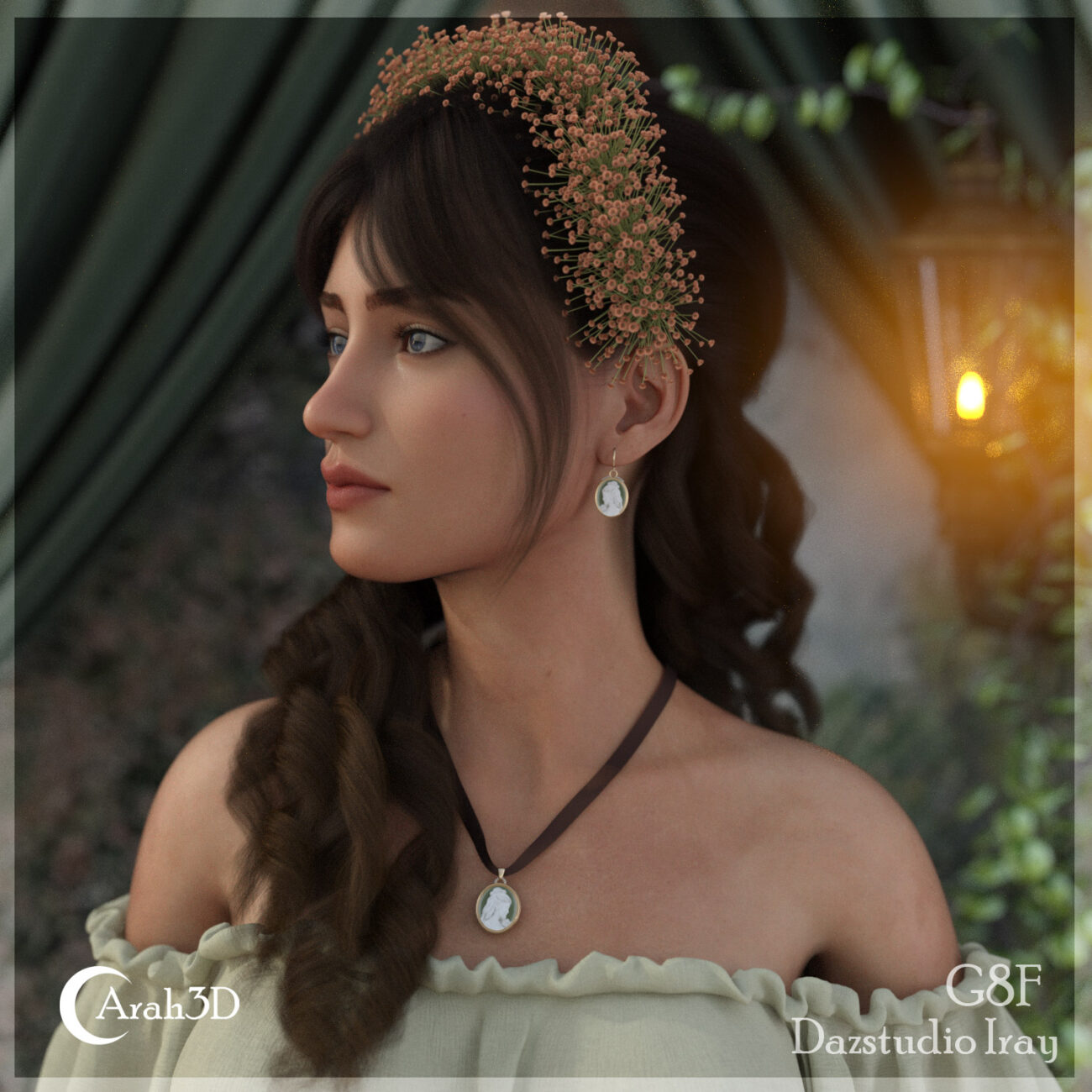 Elegant woman with floral crown and delicate jewelry in a soft, serene portrait.