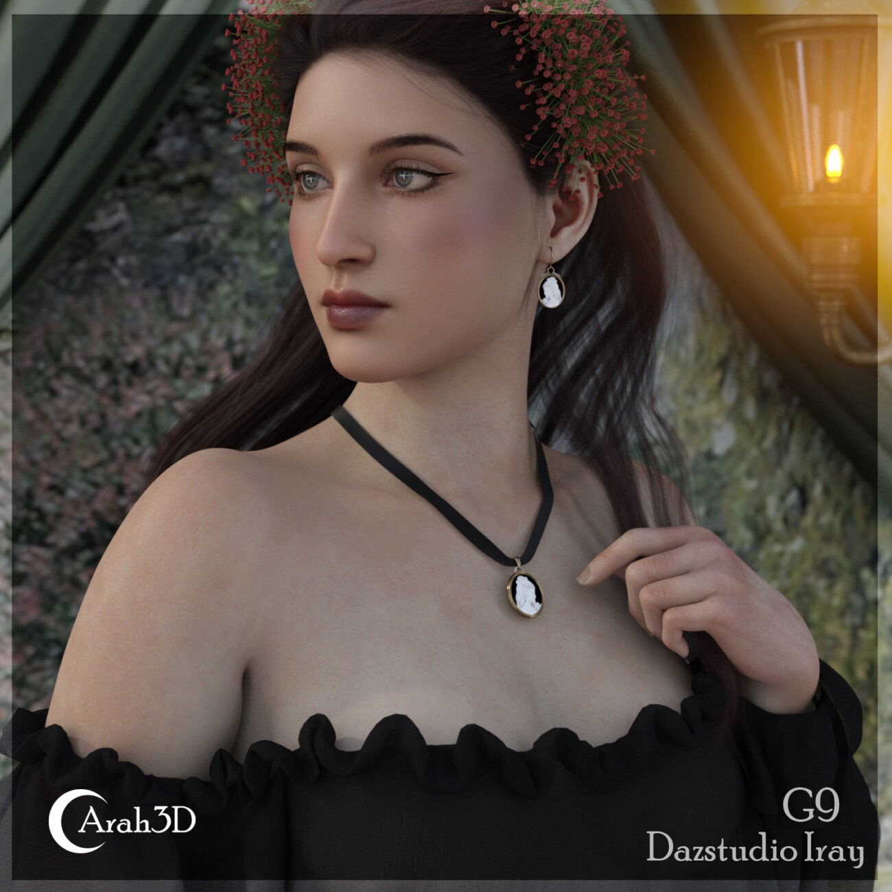 Elegant dark-haired woman in vintage black gown with floral cameo jewelry, illuminated by warm lantern light.