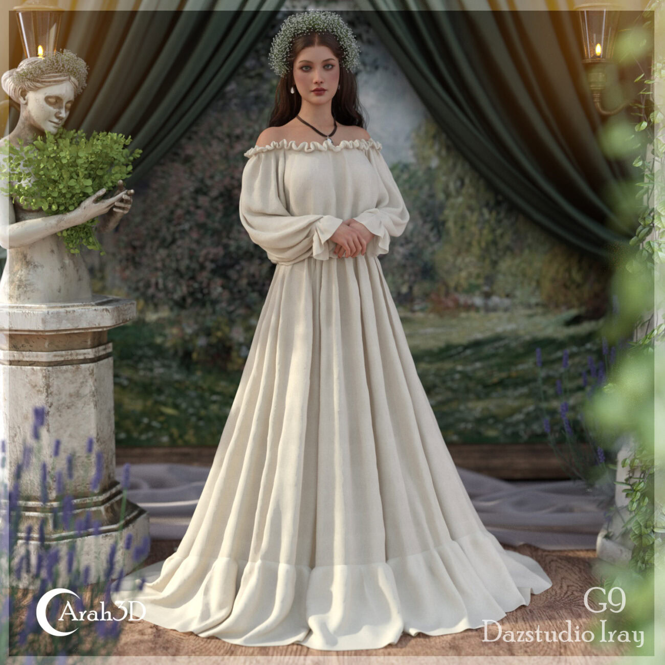 Elegant woman in timeless cream gown with floral wreath amid lush garden and classical statue.