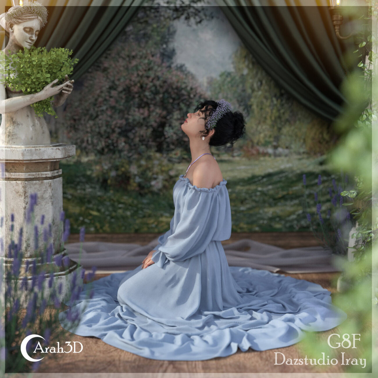 Elegant woman praying in serene garden with classical statue and lush greenery.