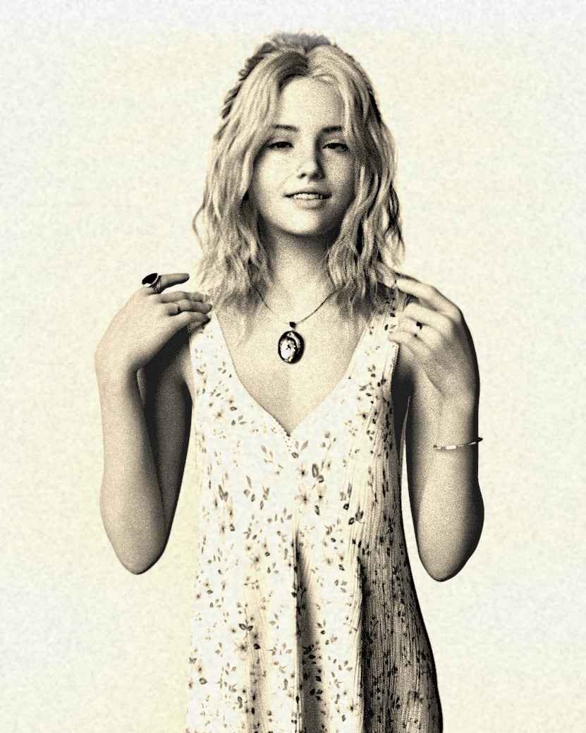 Teen girl in floral dress with cameo necklace, soft vintage tones, natural and serene portrait.