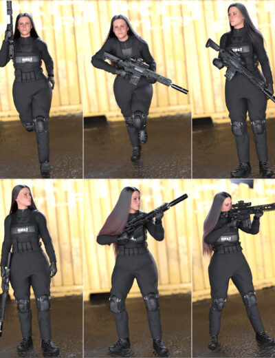 Female tactical operator posing with assault rifle against industrial yellow wall.