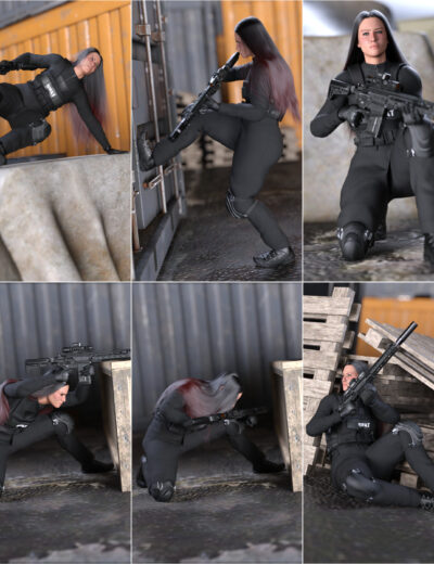 Female tactical operative in black combat gear executing urban stealth maneuvers in industrial setting.