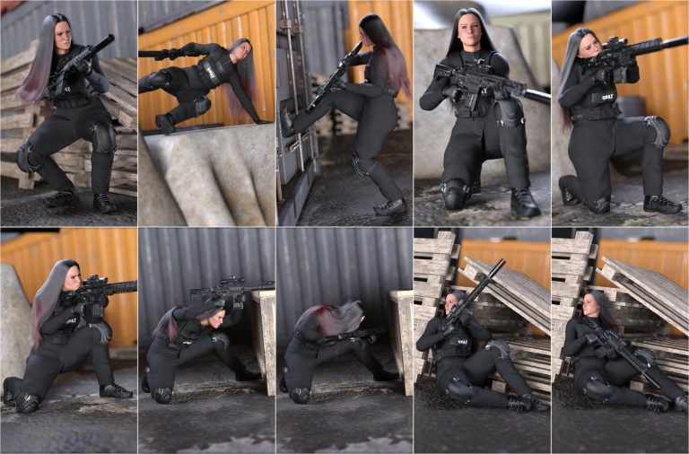Female tactical operative in black combat gear executing urban stealth maneuvers in industrial setting.