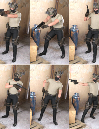 Tactical shooting drills with a soldier in industrial setting demonstrating firearm handling and combat stances.
