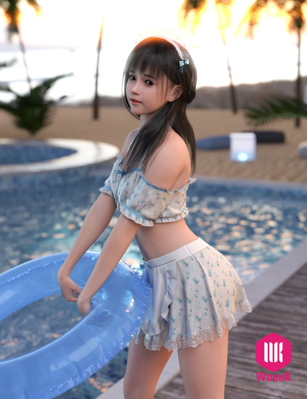 dForce WUK Maid Swimsuit for Genesis 8 & 8.1 Female 15 Young woman in summer outfit with inflatable ring by tropical pool and beach scenery.