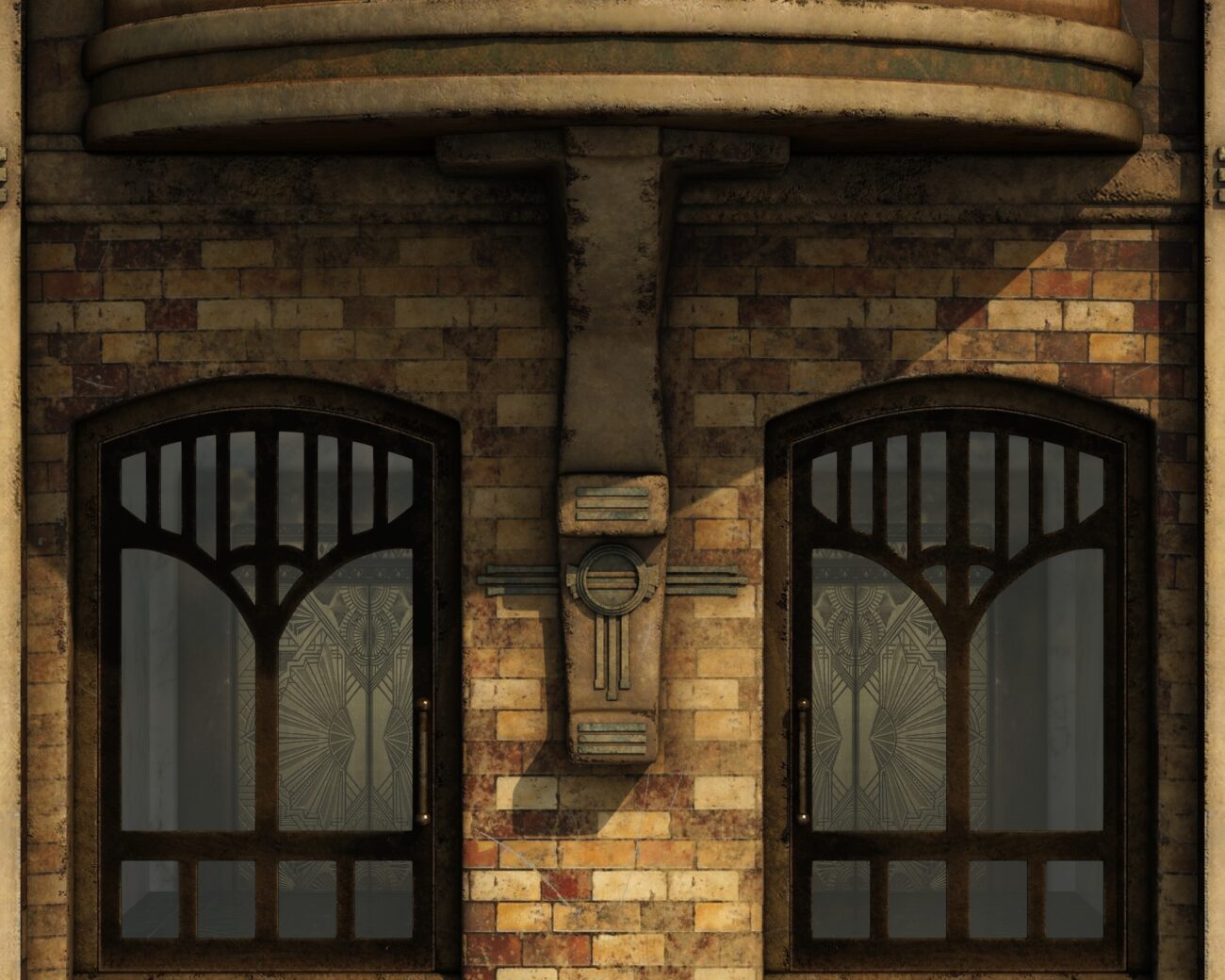 Vintage brick facade with arched windows, ornate balcony, and classical architectural details.