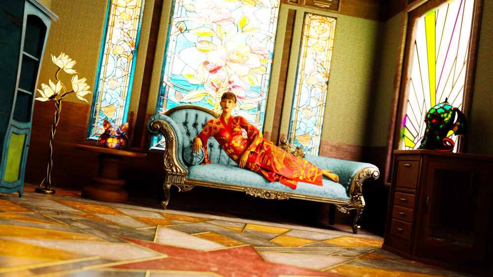 woman on blue chaise lounge
