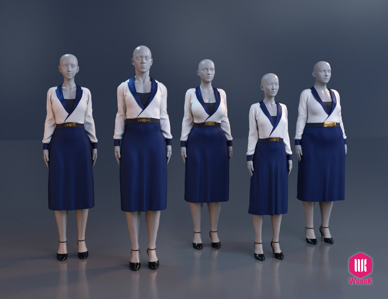 dForce WUK Lapel Long Sleeved Business Suit for G8/8.1F 16 Five mannequins display elegant white blazer, blue skirt, and gold belt in professional fashion lineup.