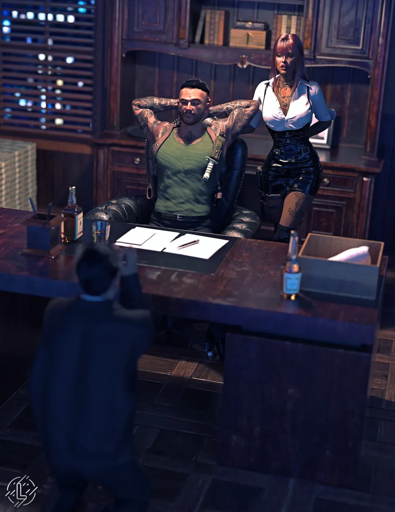 Tattooed crime boss and red-haired woman confront kneeling man in dark office