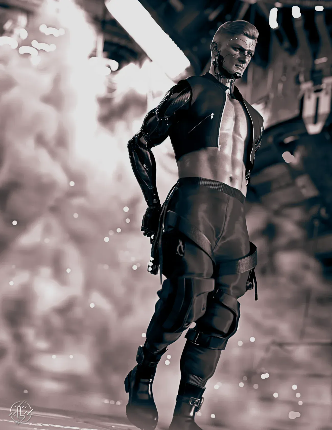 Cybernetic warrior with mechanical arms in smoky dystopian industrial scene