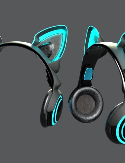 Neon blue-lit cat ear gaming headphones with immersive sound and futuristic design.