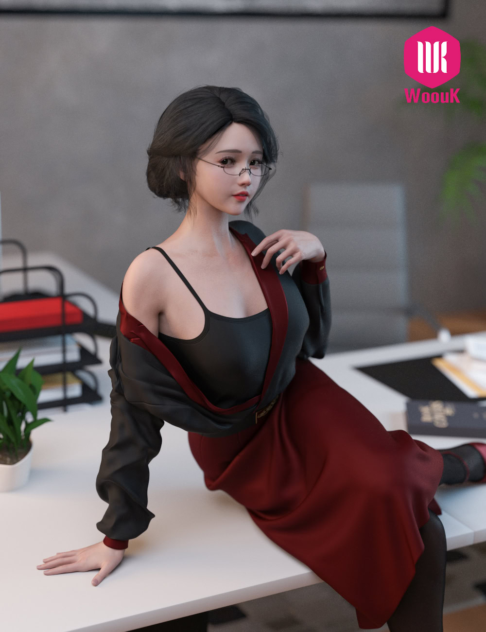 dForce WUK Lapel Long Sleeved Business Suit for G8/8.1F 12 Elegant professional woman in red and black outfit sitting confidently at office desk.