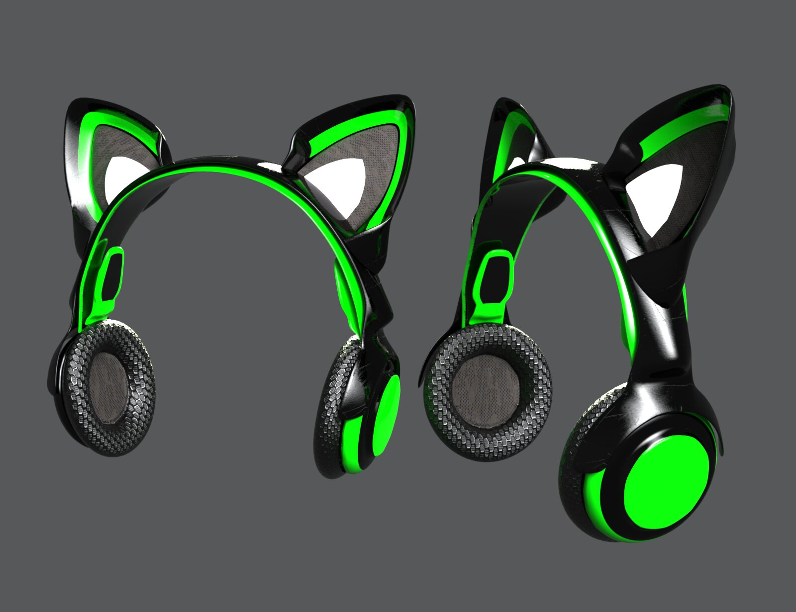 Cat Ear Headphones for Daz Genesis 8, 8.1 & 9 6 Futuristic black gaming headphones with neon green LED-lit cat ears for gamers and streamers.