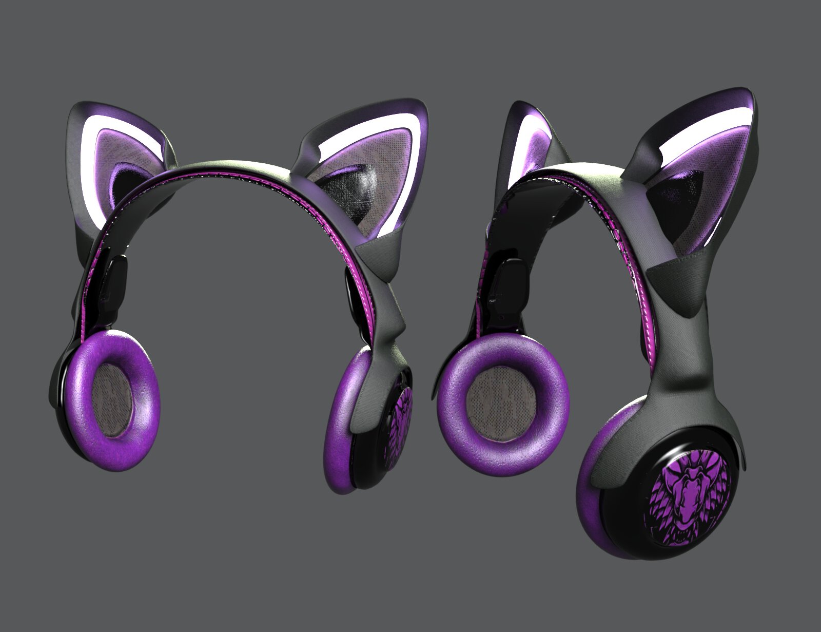 Cat Ear Headphones for Daz Genesis 8, 8.1 & 9 5 Futuristic black gaming headphones with glowing purple cat ears and LED light accents