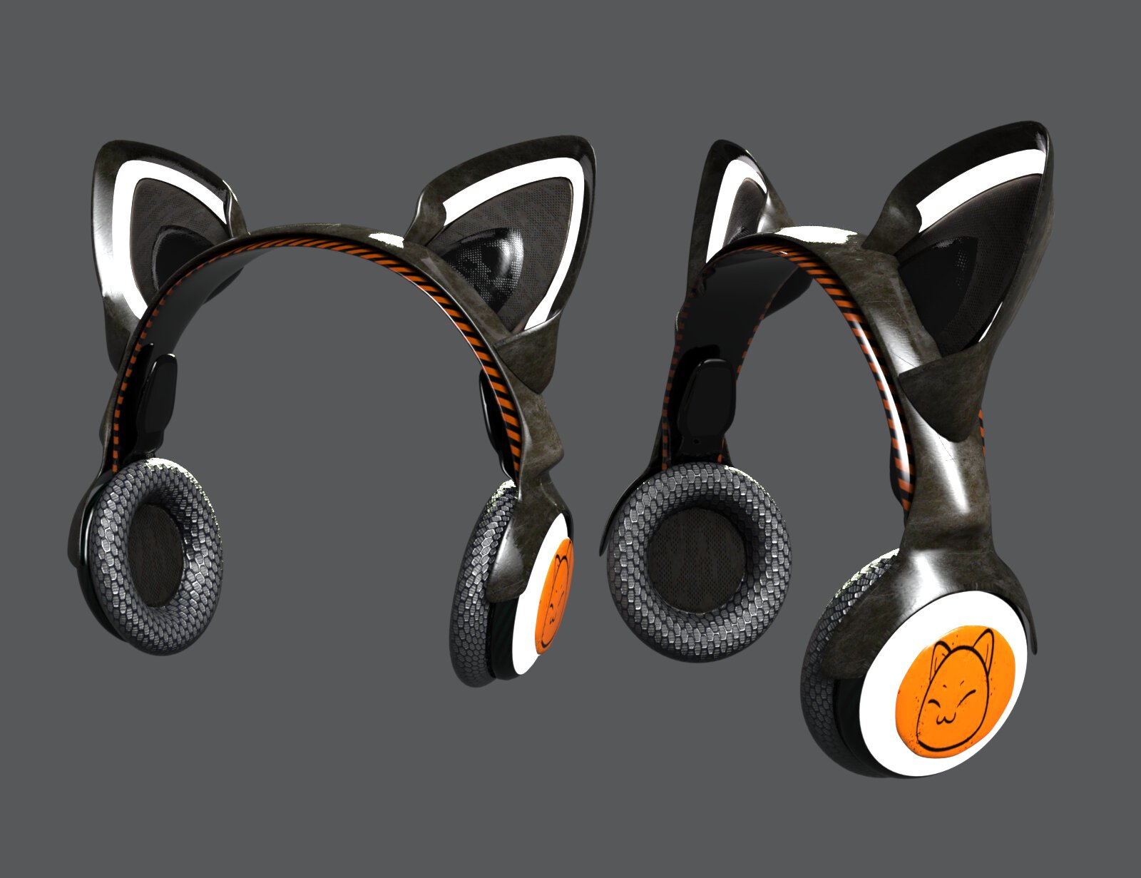 Cat Ear Headphones for Daz Genesis 8, 8.1 & 9 7 Futuristic black gaming headphones with glowing cat ears and playful feline emblem, ideal for gamers.