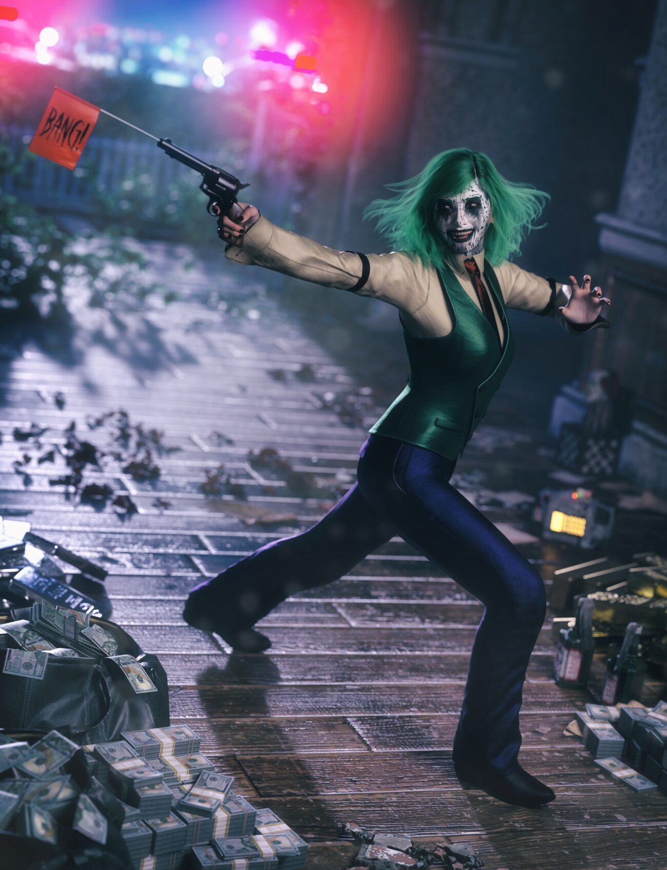 Joker-like villain flees police with BANG flag gun amid scattered cash.
