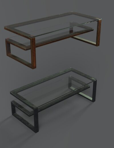 Modern glass coffee tables with geometric wood and black frames