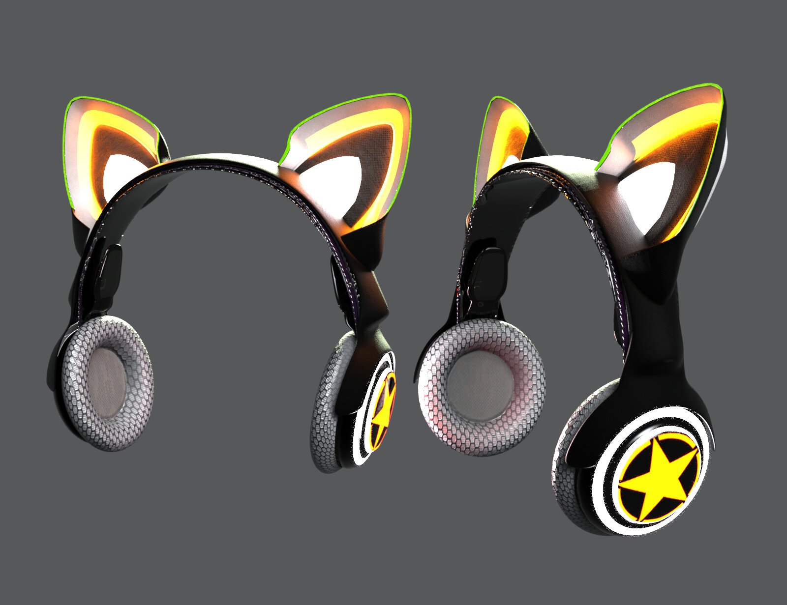 Cat Ear Headphones for Daz Genesis 8, 8.1 & 9 4 Neon-lit cat ear gaming headphones with star emblem, RGB accents, and stylish, futuristic design.