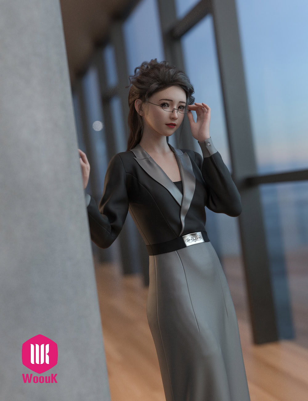 dForce WUK Lapel Long Sleeved Business Suit for G8/8.1F 13 Elegant professional woman in modern office with city view, gray gown, confident and stylish.