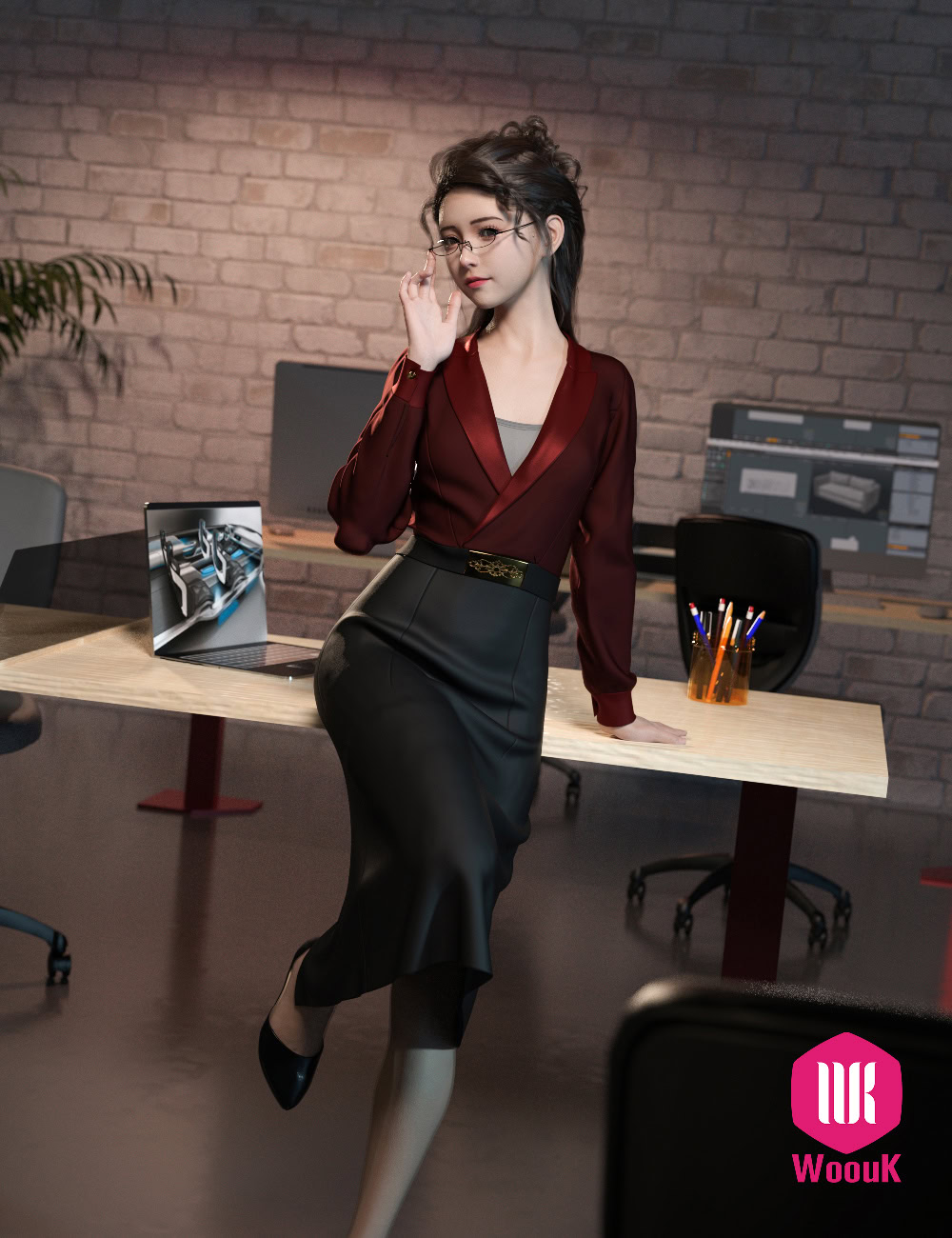 dForce WUK Lapel Long Sleeved Business Suit for G8/8.1F 6 Confident businesswoman in modern office with burgundy blouse, black skirt, and sleek industrial decor.