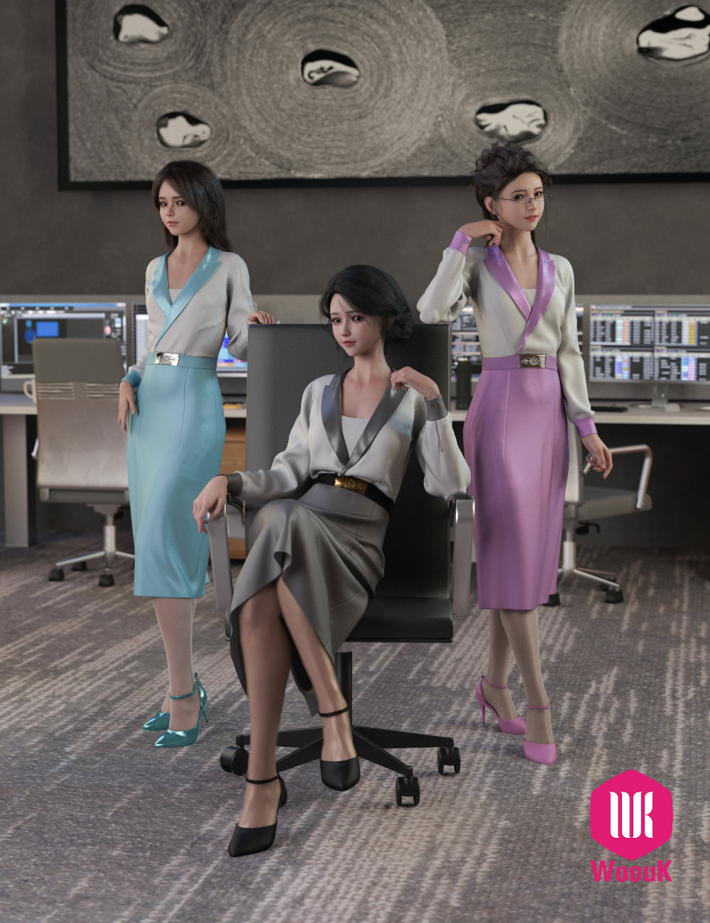dForce WUK Lapel Long Sleeved Business Suit for G8/8.1F 14 Stylish professional women in colorful office attire pose confidently in a modern workspace.