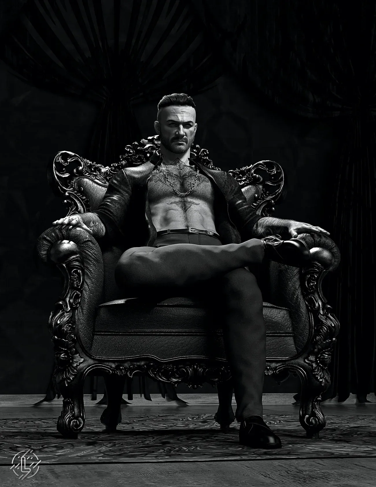 Black-and-white portrait of a mob boss seated on an ornate throne chair
