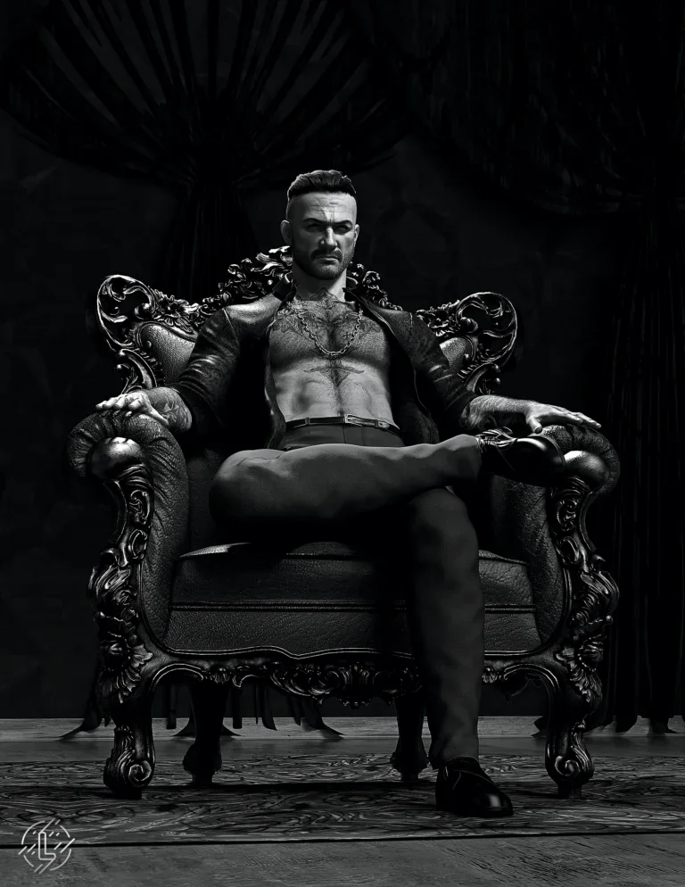 Black-and-white portrait of a mob boss seated on an ornate throne chair