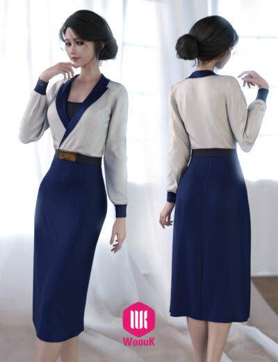 Elegant two-tone cream and navy dress with gold buckle, perfect for professional occasions.