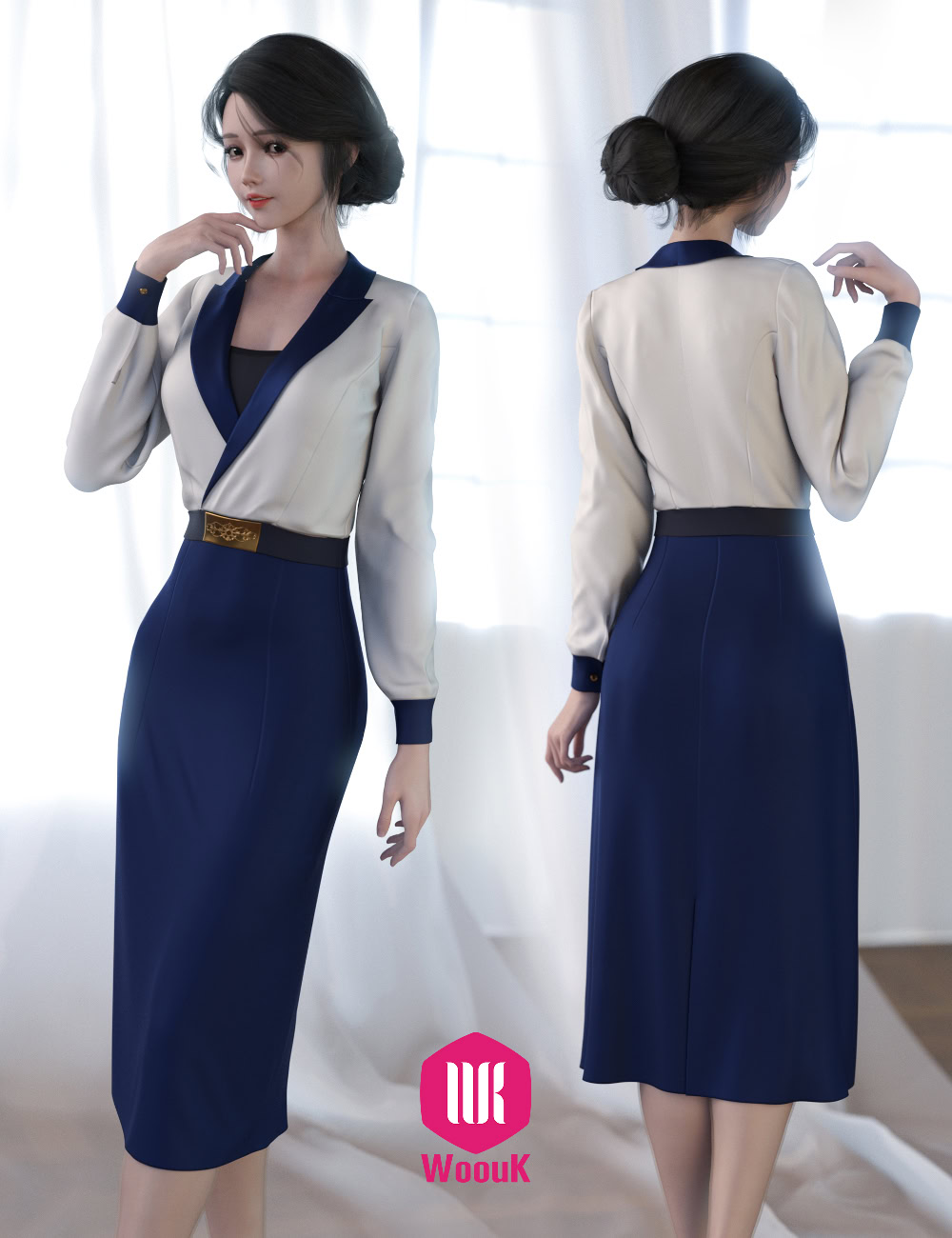 dForce WUK Lapel Long Sleeved Business Suit for G8/8.1F 1 Elegant two-tone cream and navy dress with gold buckle, perfect for professional occasions.