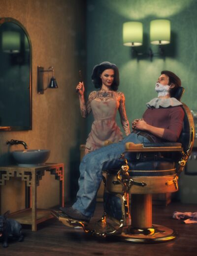 Vintage barbershop shave with woman barber, classic chair, antique decor, and lounging cat