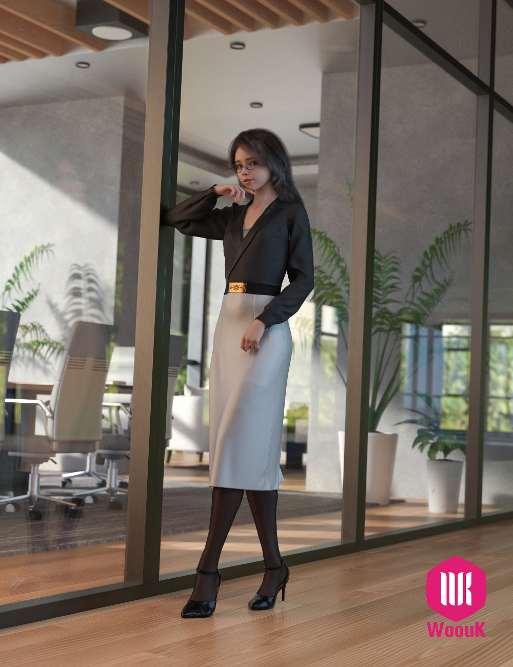 dForce WUK Lapel Long Sleeved Business Suit for G8/8.1F 15 Elegant businesswoman in modern office hallway with glass walls, greenery, and natural light.