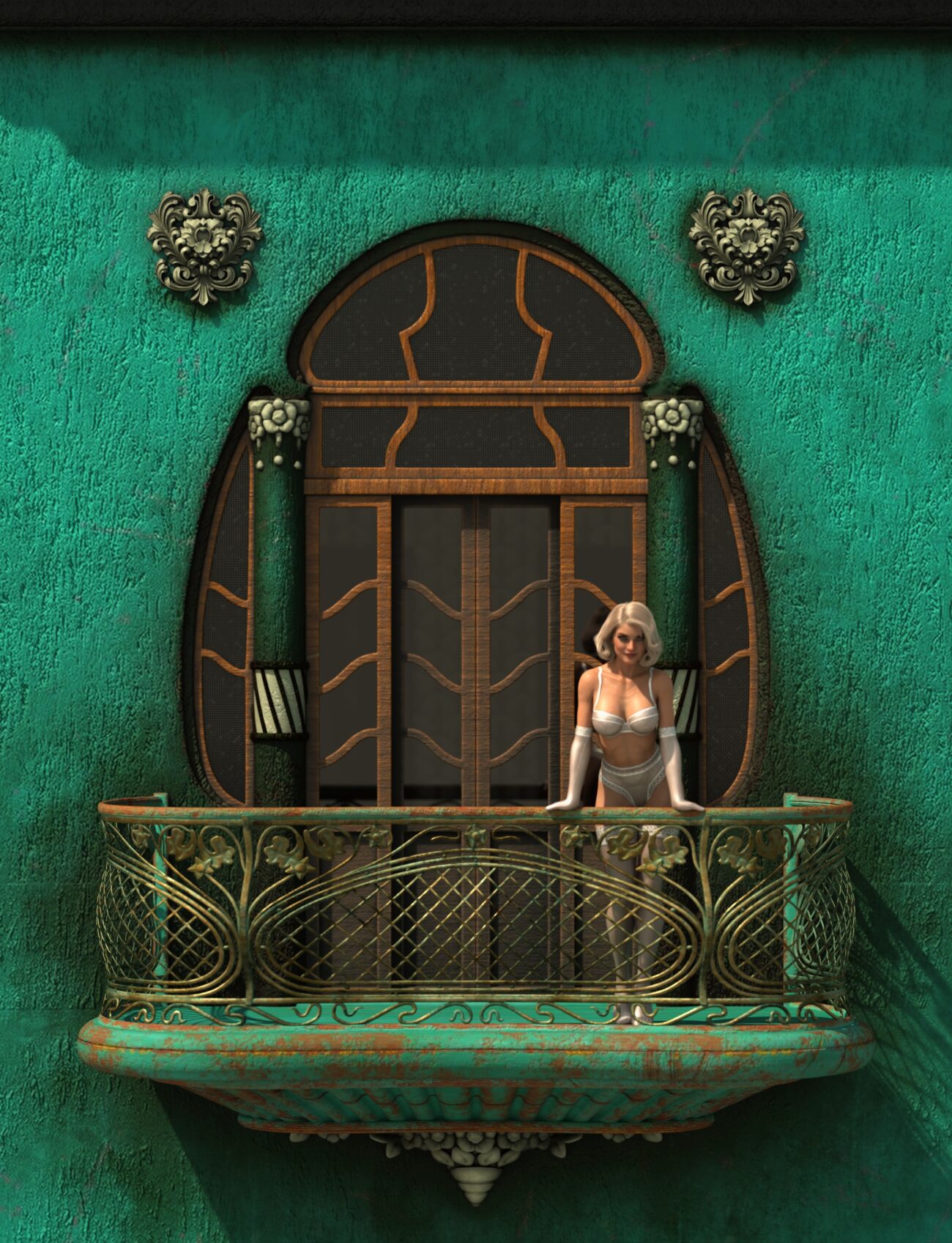 Blonde woman standing on ornate teal Art Deco balcony in sunlight