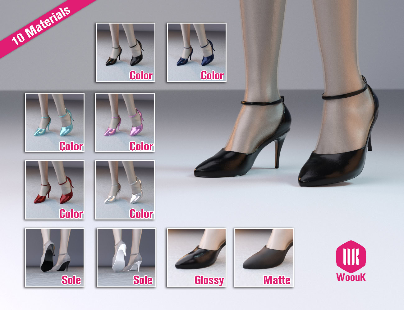 dForce WUK Lapel Long Sleeved Business Suit for G8/8.1F 5 3D high-heel shoe variations in different colors, finishes, and realistic textures for fashion visualization.