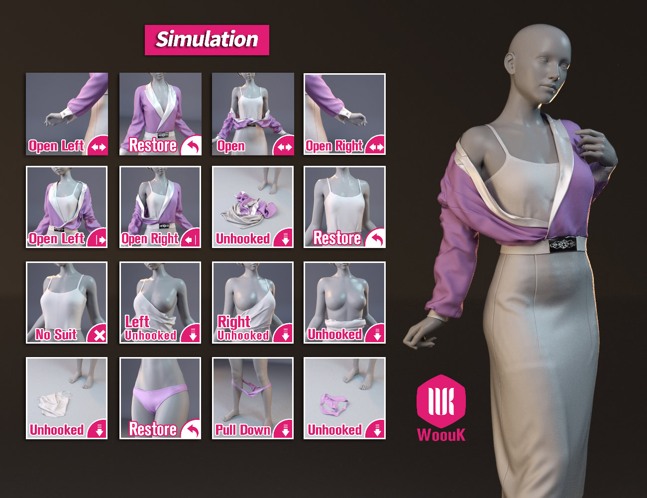 dForce WUK Lapel Long Sleeved Business Suit for G8/8.1F 11 Interactive 3D fashion design interface showcasing customizable virtual clothing on a modern female avatar.
