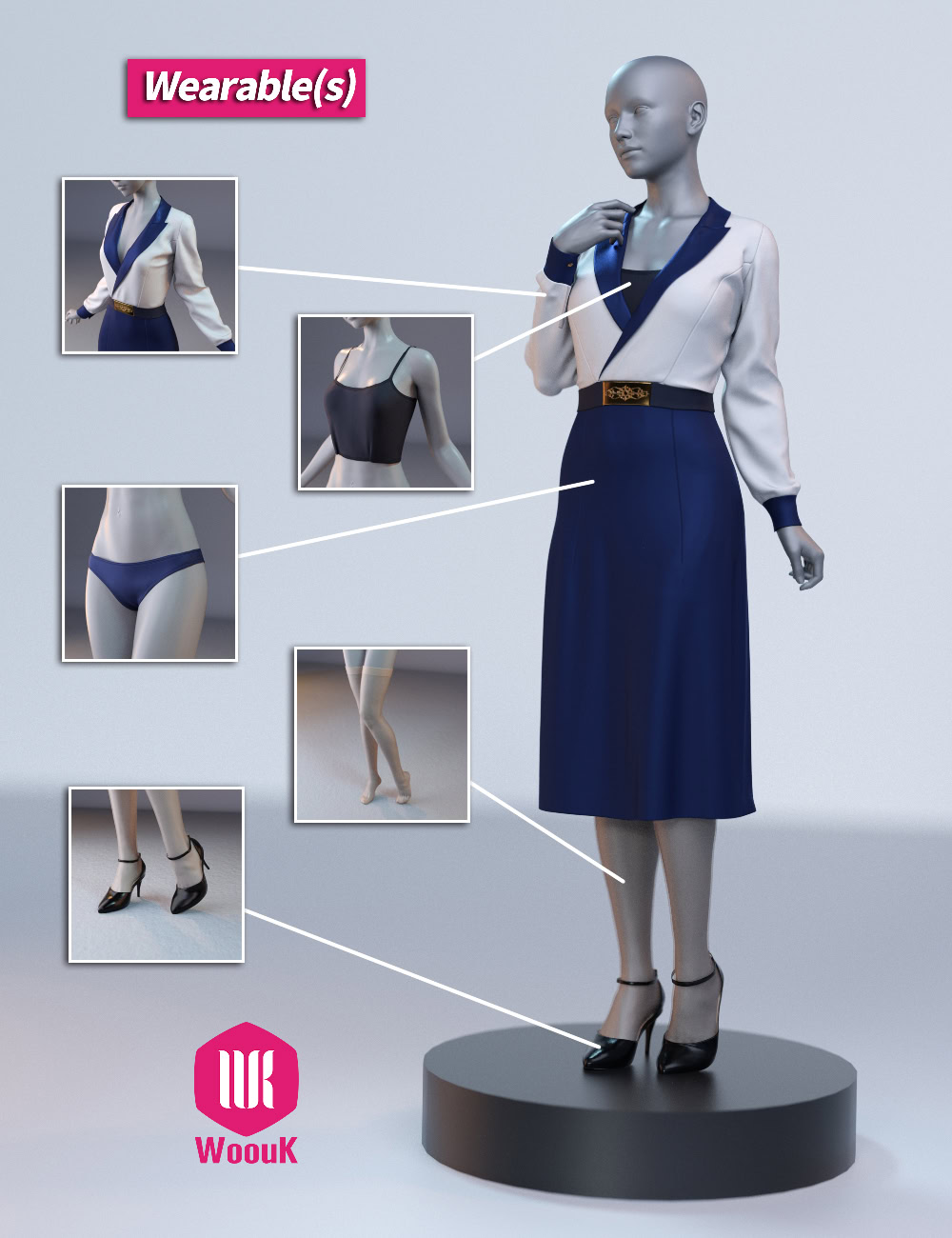 dForce WUK Lapel Long Sleeved Business Suit for G8/8.1F 4 3D digital mannequin wearing navy and white business attire with modular layers and elegant accessories
