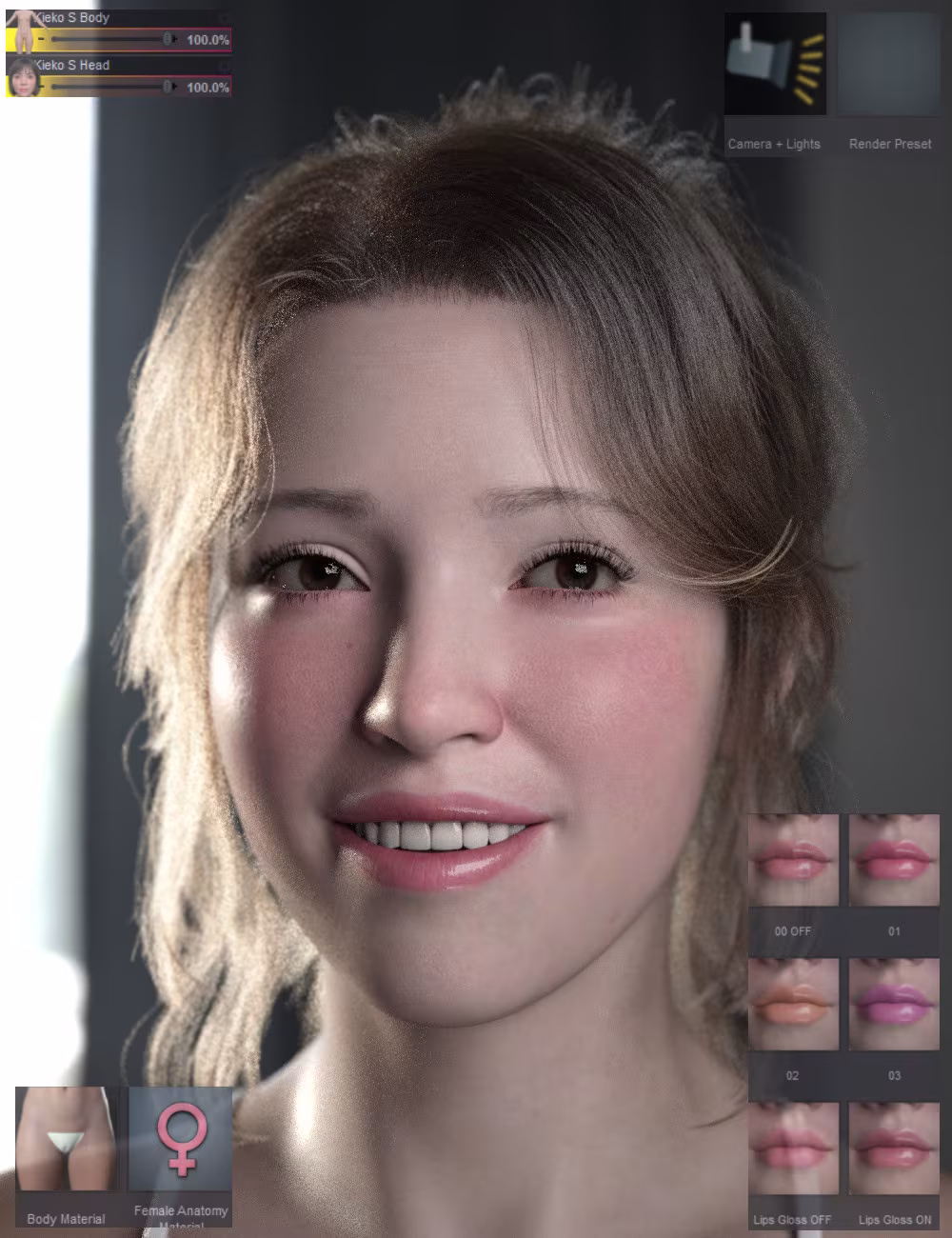 Realistic 3D female character face editor with hairstyle and mouth customization controls.