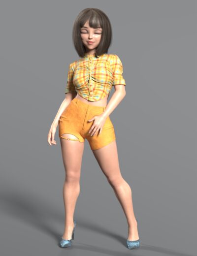 Daz Genesis 8 female in yellow plaid shirt outfit and blue heels