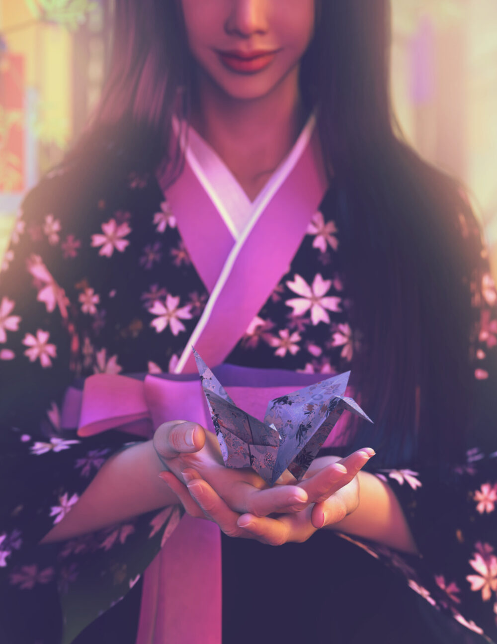 Kimono woman holding Tanabata paper crane in warm Daz Studio prop scene
