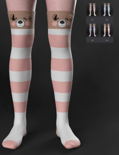 Pink striped knee-high socks with smiling bear faces and tan cuffs.