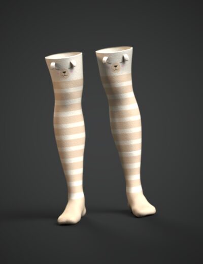 Two cream-and-beige striped cat sock figures standing against a dark charcoal background.