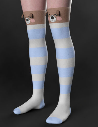 Blue and gray striped knee-high socks with playful brown bear faces and ears.
