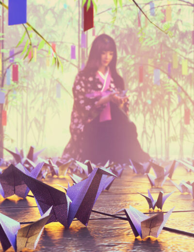 Tanabata Daz Studio prop with kimono woman, wish papers, and glowing paper cranes
